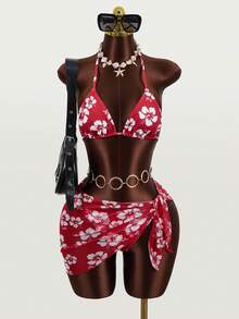 Zestiva Floral Print Halter Neck Bikini Set With Tie Front Skirt For Summer Beach Vacation
