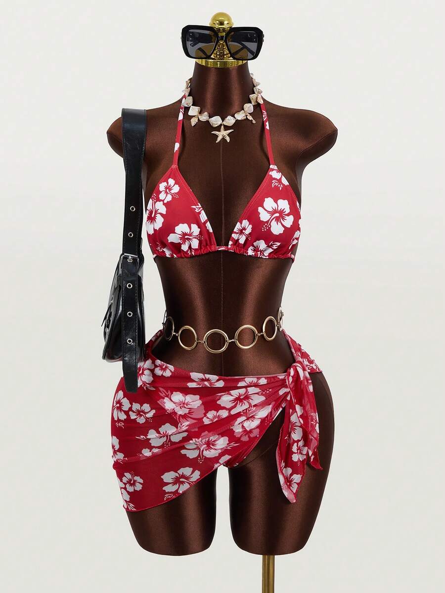 Zestiva Floral Print Halter Neck Bikini Set With Tie Front Skirt For Summer Beach Vacation