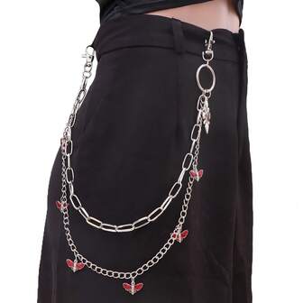 1-Piece Multi-Layer Butterfly Decor Metal Pants Chain, Silver Alloy Material, Red Butterfly Enamel Pendant, Dark Sweet-Cool Style Waist Chain - Compatible With Casual Pants & Jeans Accessories, Street Outfits, Dates, Halloween & Christmas Looks