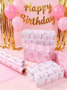 3张粉色蝴蝶结主题婴儿派对礼品包装纸，精美粉色蝴蝶结混搭设计，适用于性别揭晓派对、一周岁生日派对等场合。婴儿派对粉色蝴蝶结设计礼品包装纸，一周岁生日礼品包装用品，婴儿派对装饰，性别揭晓派对餐桌礼品包装装饰，婴儿派对礼物，生日装饰 - 粉紅色蝴蝶結 - 查看 3