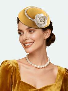 1pc Fascinators Hats For Women Tea Party Hat Kentucky Fascinator Derby Flower Pearl Pillbox Hat For Bridal Wedding, Tiny Hats, Mini Cap, Mini Fascinator - Multicolor - View 2