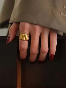 1pc Minimalist Ribbed Stripe Metal Feeling Open Ring, Adjustable Size Stainless Steel Gold Plated Wave Pattern Versatile Fashion Accessory Suitable For Daily Wear And Gift - Multicolor - View 5