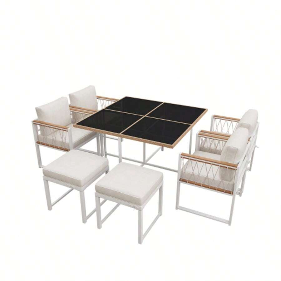 7-Piece Outdoor Table And Chair Set For 6 People, Tempered Glass Table With PE Rattan Coating, Acacia Wood Top Rail, Ideal For Meals In The Backyard Or Garden. - 白色 - 查看 1