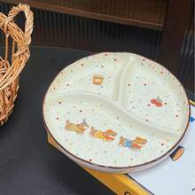 Cabin Kangaroo 1pc Cartoon Animal 3-Compartment Ceramic Divided Plate, Cute Panda And Cat Design, Home Portion Control Meal Plate, Children Dinnerware