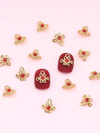 10 Golden Chinese Knot Nail Art Pieces With Red Nail Trim For Autumn/Winter Y2K Short Nail Decorations