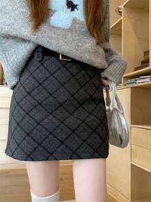 新款韩版格子加厚羊毛面料修身半身裙配腰带（随机格子图案） - 黑灰色 - 查看 2