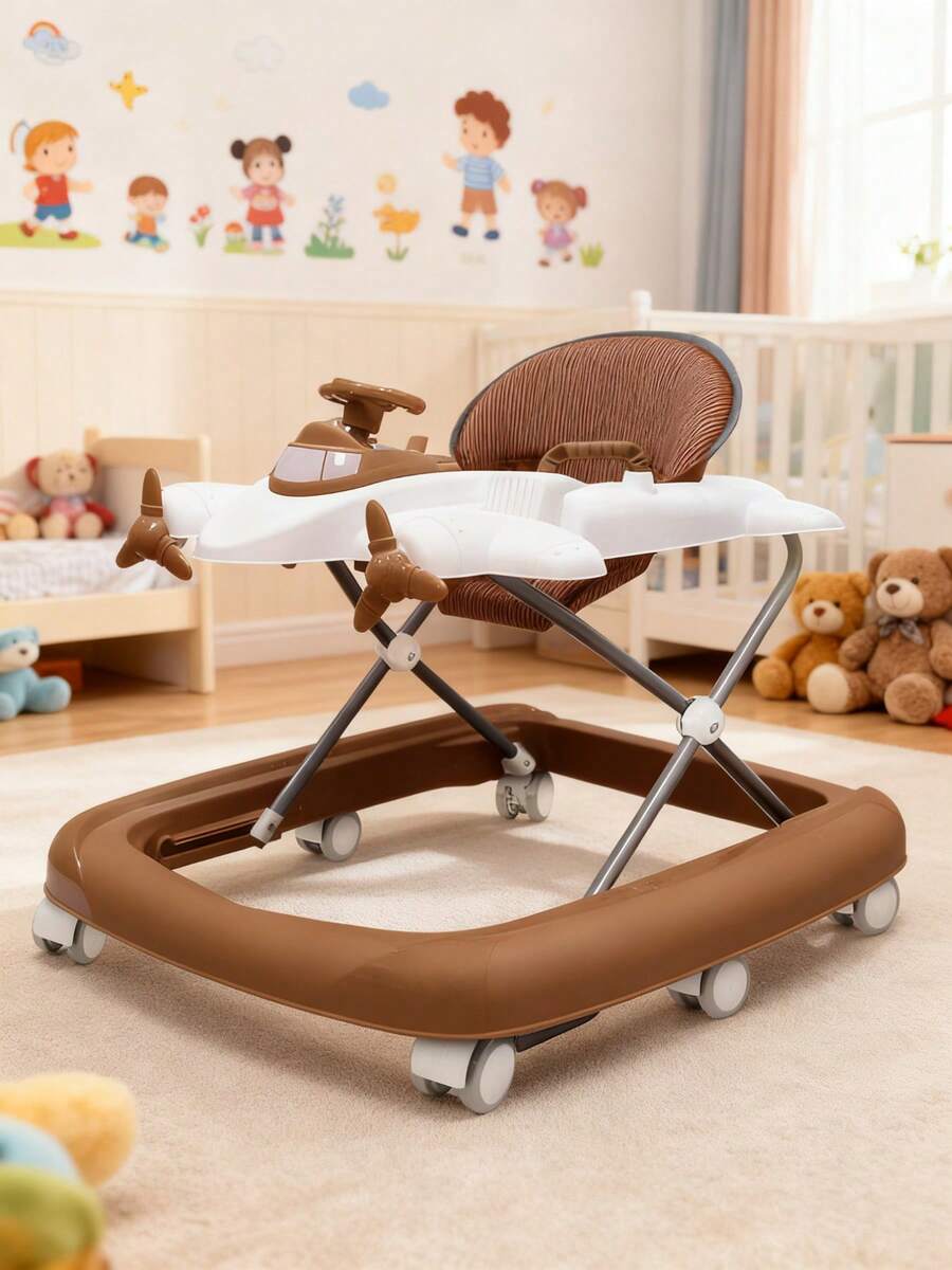 Andador para Bebés Diseño de Avión, Plegable con Juguetes Musicales e Iluminación, Estructura Estable Multicolores, Ayuda al Aprendizaje del Caminar, Asiento Cómodo Desmontable - Regalo Ideal para Niños - Marrón - Ver 1