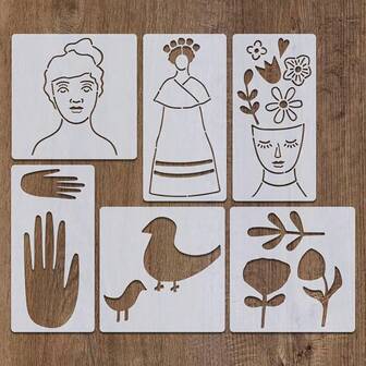 6 件套可重复使用塑料模板，包含抽象人物、手、鸟、花卉和植物图案，适用于混合媒介、墙绘、画布、DIY 手工艺品、剪贴簿、印章、卡片制作等。