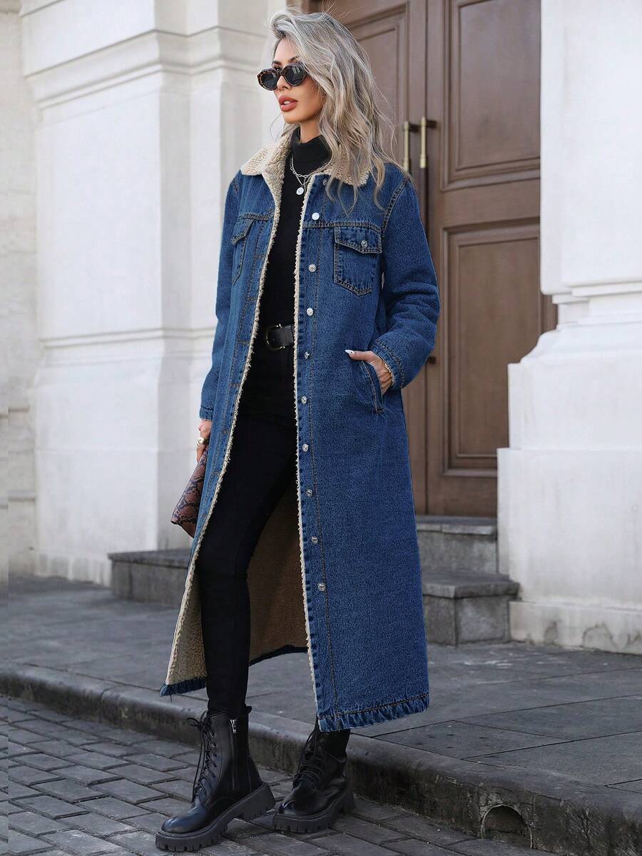 Mobula Sound Fashionable Casual Thermal-Lined Long Denim Jacket For Women, Suitable For Autumn/Winter - Fermented Dark Blue - View 1