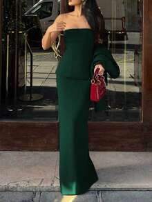 两件套优雅简约假日派对通勤商务套装，女士秋季套装，抹胸露脐上衣和修身中长裙 - 墨綠色 - 查看 3