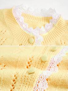 Delicate Cropped Cardigan For Women, Lace Design Knitted Sweater Jacket Casual - Yellow - View 3