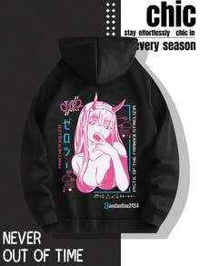 Chic Anime Girl With Pink Hair And Horns Featuring Japanese Text And Futuristic Design Elements Men's Hoodie - Autumn & Winter Warm Fleece-Lined Versatile Slouchy Loose Fit American Anime & Japan - Black - View 2