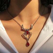 Gothic Spider Necklace For Women Halloween Red Crystal Spider Pendant Necklace Black Choker Punk Skull Chain Necklaces Vintage Goth Jewelry Cosplay Costume Accessories,SilverRed - 銀紅 - 查看 3