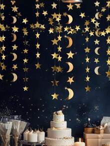 Shiny Gold Star & Crescent Paper Wreath Hanging Decor, Suitable For Honeymoon, Wedding, Engagement, Baby Shower, Birthday Party, Dining Table, Restaurant, Hotel, Bedroom, Living Room