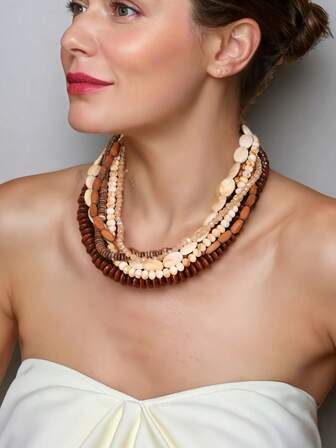 Collar de cuentas de madera con imitación de concha de estilo bohemio, collar personalizado retro de múltiples capas