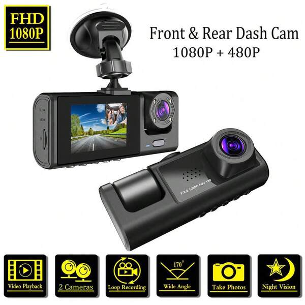 1pc,Dash Cam Front And Inside,2 Channels Dash Camera For Cars, 1080P FHD DVR Car Dashboard Camera With Loop Recording,2 Inch Display,Not Included SD Card