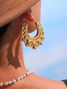 1 Pair Exaggerated Personalized Gear Texture Earrings, 18K Gold Stainless Steel Earrings For Women, Tarnish Resistant Jewelry - Gold - View 2