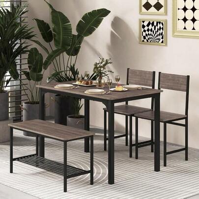 4-Piece Dining Table Set Kitchen Table With 2 Chairs And A Bench Space-Saving Dinner Table Set With Storage Shelf And Metal Frame Rustic Brown Grey