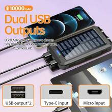 Sạc năng lượng mặt trời 10.000mAh, Pin dự phòng năng lượng mặt trời, Pin sạc dự phòng chống nước với cổng USB Type-C + Micro USB cho tất cả điện thoại di động, Bộ sạc năng lượng mặt trời tích hợp đèn pin kép thích hợp cho cắm trại, du lịch/cắm trại ngoài trời mùa đông và nguồn điện dự phòng khẩn cấp, Quà tặng cho gia đình, bạn bè, quà sinh nhật, quà tặng cắm trại ngoài trời, sạc dự phòng di động có đèn pin chiếu sáng. - màu đen - Xem 4