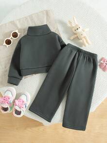 2pcs Baby Girls' Casual Butterfly Print Drop Shoulder Crew Neck Long Sleeve Sweatshirt And Pants Set, Thermal Lined Hoodie And Trousers Outfit, Autumn/Winter - Dark Grey - View 2