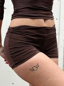 Women's Summer Fold Over Shorts Solid Color Low Rise Ruched Bodycon Short Pants Y2k Lounge Shorts Foldover Cute Pajama Micro Bottoms Mini Shorts Sleepwear - 棕色 - 查看 5