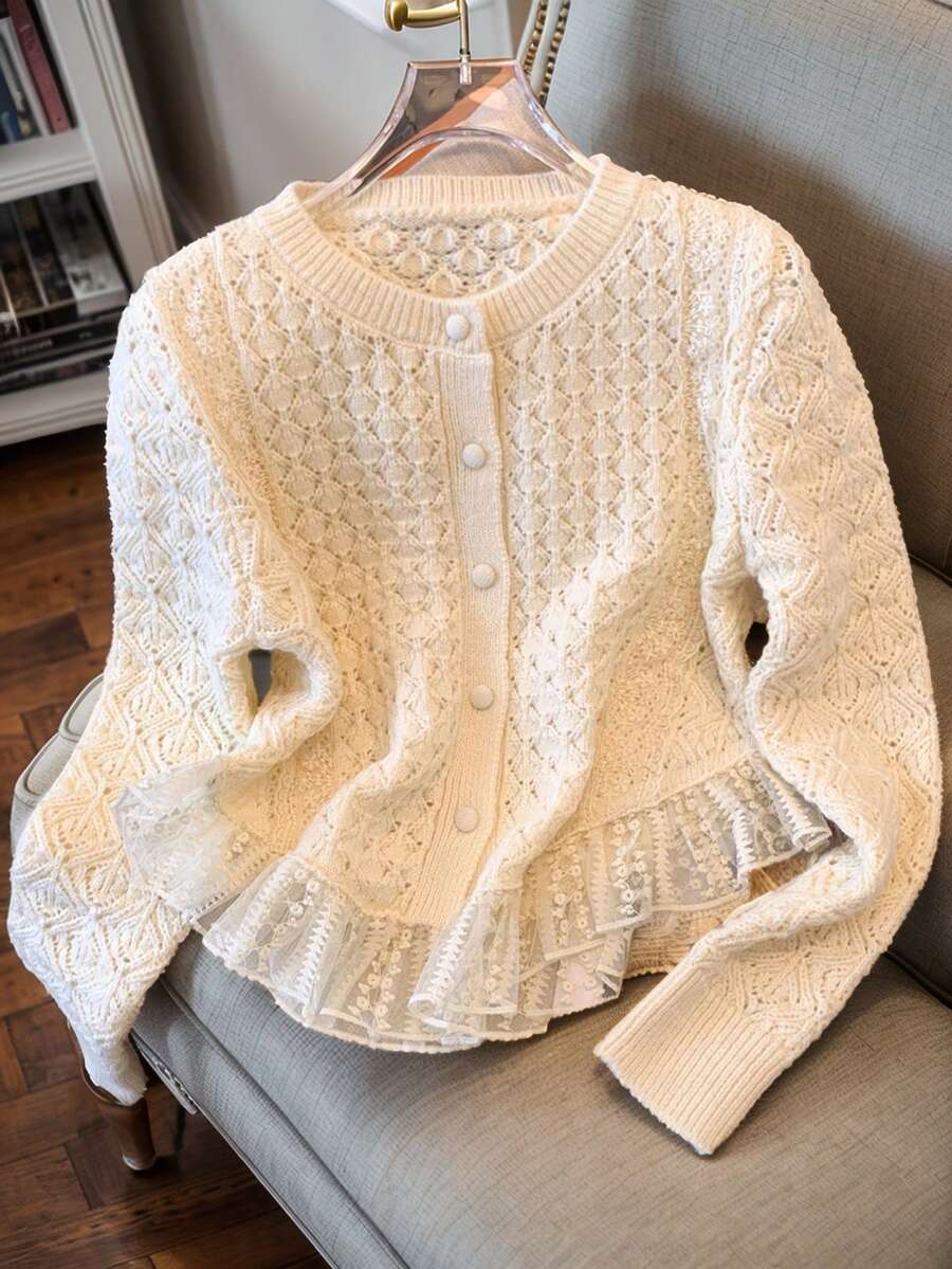 JIANHU Spring New Faux Pearl Button Hollow Knitted Cardigan, Fashionable Lace Splice Hem Design, Sweet And Elegant Long Sleeve Sweater Jacket