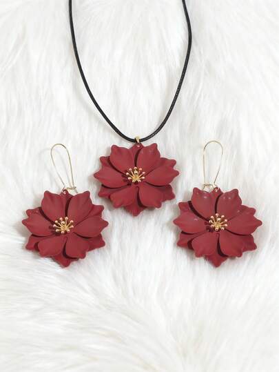 1 Set/3 piezas Conjunto de joyería de mujer con flores 3D en color borgoña - Collar exagerado con flores a juego con pendientes coordinados, creando un conjunto de joyería perfecto