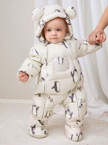 mini bala Kids "True Plush" Double-Zip Down Romper Winter 2025, Warm Belly Guard & Footed Design - White Grey Tone - View 1