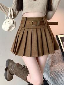 秋冬麂皮褶裥半身裙，修身剪裁，百搭韩版风格，显瘦显老，配腰带 - 咖啡棕 - 查看 1
