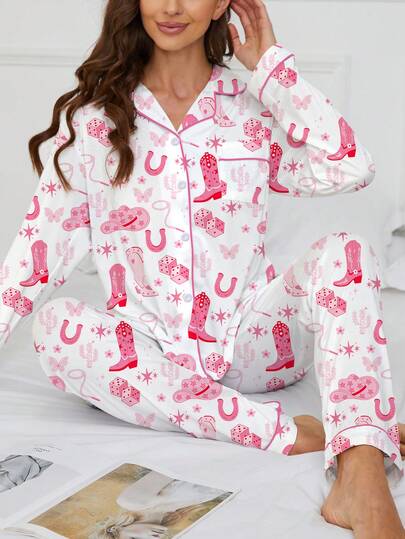 2pcs Autumn/Winter Boots Print Women Pajama Set, Western Style, Fashionable & Beautiful Outfit, Comfortable Shirt Collar Long Sleeve Top And Elastic Waist Loose Pants, Holiday Party Sleepwear, Casual Outdoor Homewear, Fall Clothes