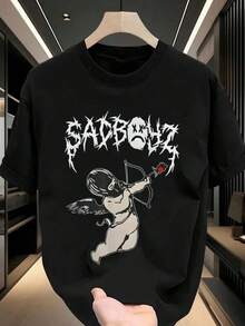 Camiseta de hombre de dibujos animados de Santa Claus, Cupido con rosa y texto SADBOYZ, impresión simple, casual, cuello redondo, manga corta, estilo retro para hombres, adecuada para todas las estaciones, negra 100% 200g de peso pesado, S - XXL adecuada para disfraces de Navidad y Acción de Gracias - Negro - Ver 7