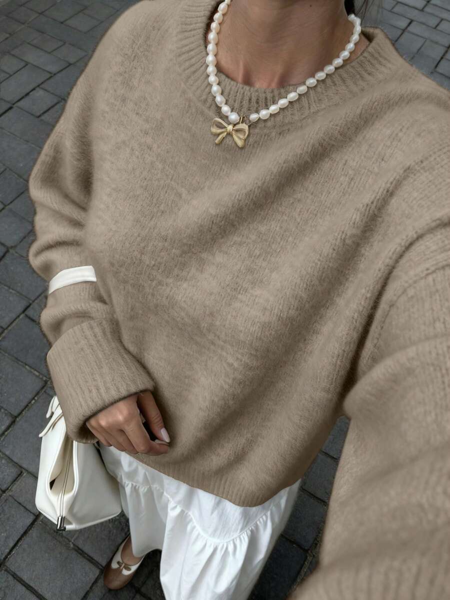 FOR BEAUTY 女士休闲宽松圆领长袖针织衫，百搭日常穿搭，简约纯色套头衫，适合居家、新年等场合，秋冬季穿着。 - 花駝 - 查看 1