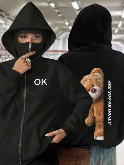 Oversized Long-Length, Balaclava, Face&Head Covering, Women's Double Hoods Zip-Up Placket Sweatshirt With Pocket, Fleece&Warmth, For Fall/Autumn&Winter&Spring, Holiday/School/Home/Daily/Street/Photoshoot, Simple/Y2K/Casual/Preppy/Street/Office/Cute/Hot Girl, Fall Clothes For Women, Winter Clothes For Women, Christmas Women's Clothing, New Year Women's Clothes Outfit, Going Out Tops, Chic