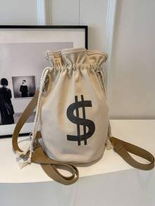 1 Piece Drawstring Waistband Printed Men's Small Crossbody Bag, Stylish Casual Canvas Tote, Simple And Versatile Bucket Bag, Suitable For Daily Outings, Work, Shopping, Outdoor Travel, And Multi-Scenario Use. Beach Bag