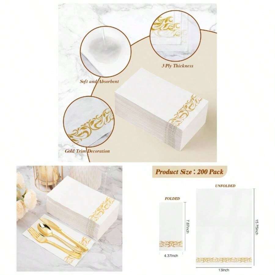 200 paquete de servilletas de papel desechables, servilletas de 3 capas para la cena con ribete dorado para invitados, toallas de papel absorbentes y suaves para el baño, cocina, cena, fiesta, boda o evento - Oro + 200 - Ver 1