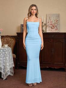 PARTHEA Women's Elegant Ruched Solid Color Mermaid Hem Bodycon Formal Dress - Baby Blue - View 6