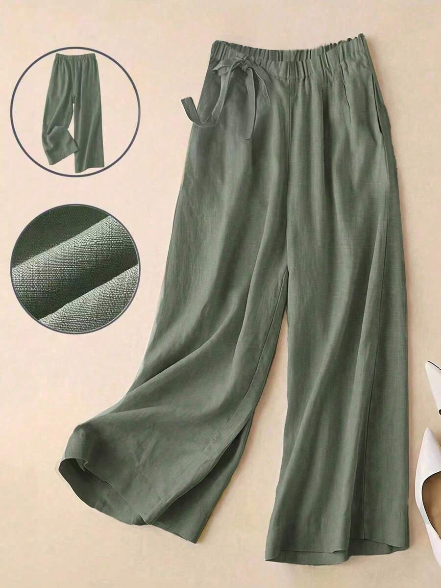 Spring/Summer New Arrival, Versatile For Commute & Casual, High-Waisted Wide-Leg Pants In Soft Green, Side Tie Design. Flowy Linen Blend Fabric, 7/8 Length. Elastic Waistband, Slimming & Elongating. Pockets Design, Breathable Comfort. Solid Color Versatile, Suitable For Commute & Everyday Casual Wear. Relaxed Fit, Fashionable & Elegant, Women's Valentine's Day & Vacation Outfit - Green - View 1