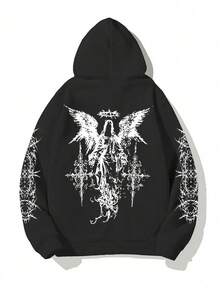Men's Autumn/Winter Hoodie, Fashionable Art Punk Gothic Streetwear Style With Angel, Thorns And Barbed Wire Graphic Print, Thermal Lined - Black - View 3