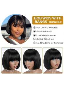 Glueless Short Bob Human Hair Wigs With Bangs Straight None Lace Front Wigs Brazilian Hair 180 Density Machine Made Straight Bob Wig For Women Natural Color 8 Inch - Natural Black - 查看 6