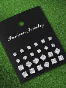 2-24pcs/Set Minimalist Punk Geometric Circle, Square, Heart Zirconia Stud Earrings For Men, Glamorous Party, Festival, Vacation, Music Event, Couple, Party, Date, Gift, Casual Wear - Silver - View 4