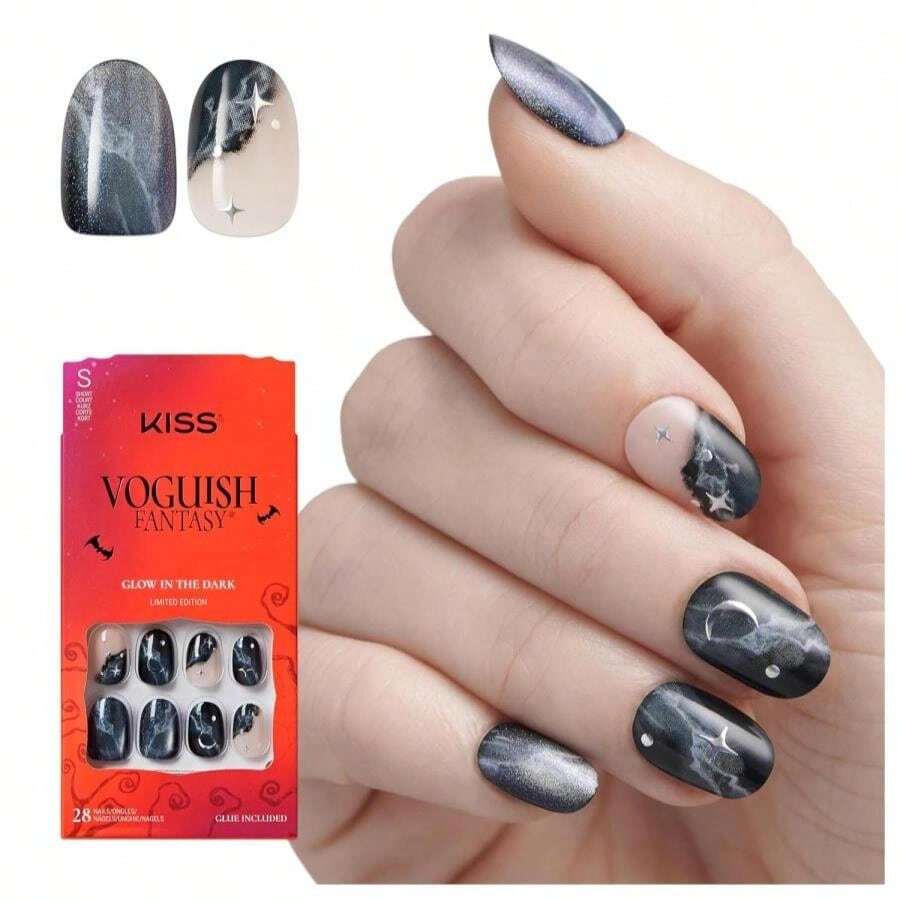 KISS Voguish Fantasy Halloween Press On Nails, 'Space Girl', Dark Navy, Short Oval, Glow In The Dark, Magnetic Powder Effect, Pink Gel Nail Glue (2g), 28 Fake Nails - MàuD - Xem 1