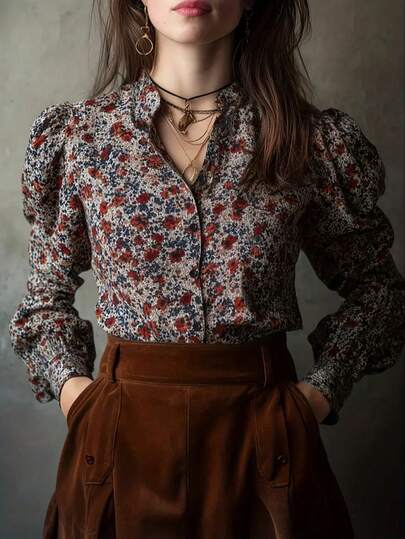 Blusa elegante vintage con botones al frente, mangas abullonadas y estampado floral diminuto