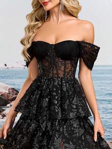 BluePlum 可爱网纱提花抹胸层叠公主裙半透明及地性感邦德束身鸡尾酒礼服女式派对复古哥特无袖高开衩绷带舞会礼服女士魅力浪漫女式伴娘优雅舞会场合婚礼黑色春季 - 黑色 - 查看 8