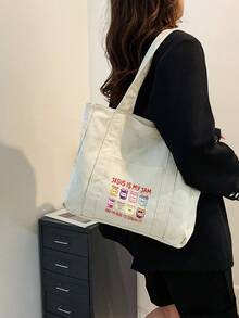 时尚半圆形米色女士手提包，饰有食物罐、耶稣图案和口袋；简约基督教印花单肩包；极简主义托特包；休闲米色风格；大容量背包；便携；适合户外活动、购物、工作、返校、高中、大学、度假以及作为圣诞礼物袋。 - 彩色 - 查看 4