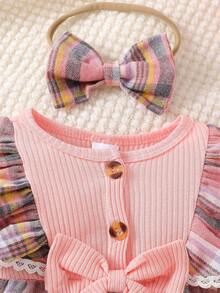新款女婴休闲圆领长袖格子连体衣带头带，适合春秋季 - 粉色 - 查看 3