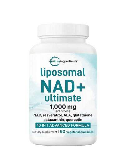 Microingredients Liposomal NAD+ Ultimate 1000mg 60 Veggie Capsules 10-In-1 With Resveratrol ALA Glutathione Astaxanthin & Quercetin For Anti-Aging Energy & Brain Support