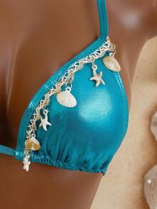 Women's Solid Color Shiny Fabric Pants With Side Tie, Triangle Halter Bikini Set, Summer - Blue - View 2