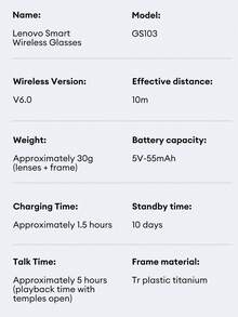 Lenovo GS103 Fashionable AI Smart Glasses, Conversation Translator, Work Assistant, HD Calling, Noise Cancelling Headphones And Glasses 2-In-1, Long Battery Life, Overseas Work And Travel, Real-Time Face-To-Face Translation, Wireless Smart Glasses