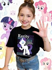 [ma baoli] camiseta de verano para niñas - patrón estampado de dibujos animados raros - suéter estampado de cuello redondo, con tejidos blandos de poliéster, adecuado para niñas de verano, adecuado para envíos de tiendas locales, ropa de verano para niñas de estilo dibujos animados, adecuado para ocasiones diarias, fiestas, al aire  viajes. - Negro-2 - Ver 1