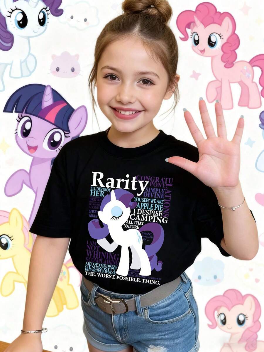 [ma baoli] camiseta de verano para niñas - patrón estampado de dibujos animados raros - suéter estampado de cuello redondo, con tejidos blandos de poliéster, adecuado para niñas de verano, adecuado para envíos de tiendas locales, ropa de verano para niñas de estilo dibujos animados, adecuado para ocasiones diarias, fiestas, al aire  viajes. - Negro-2 - Ver 1